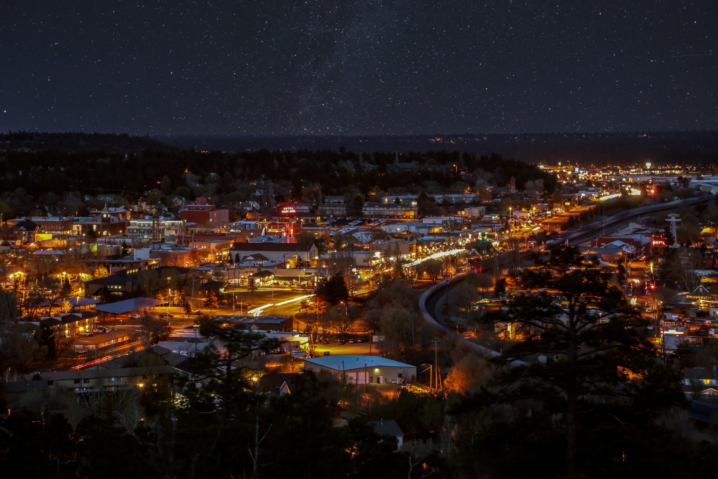 City of Flagstaff, Arizona from above at night.